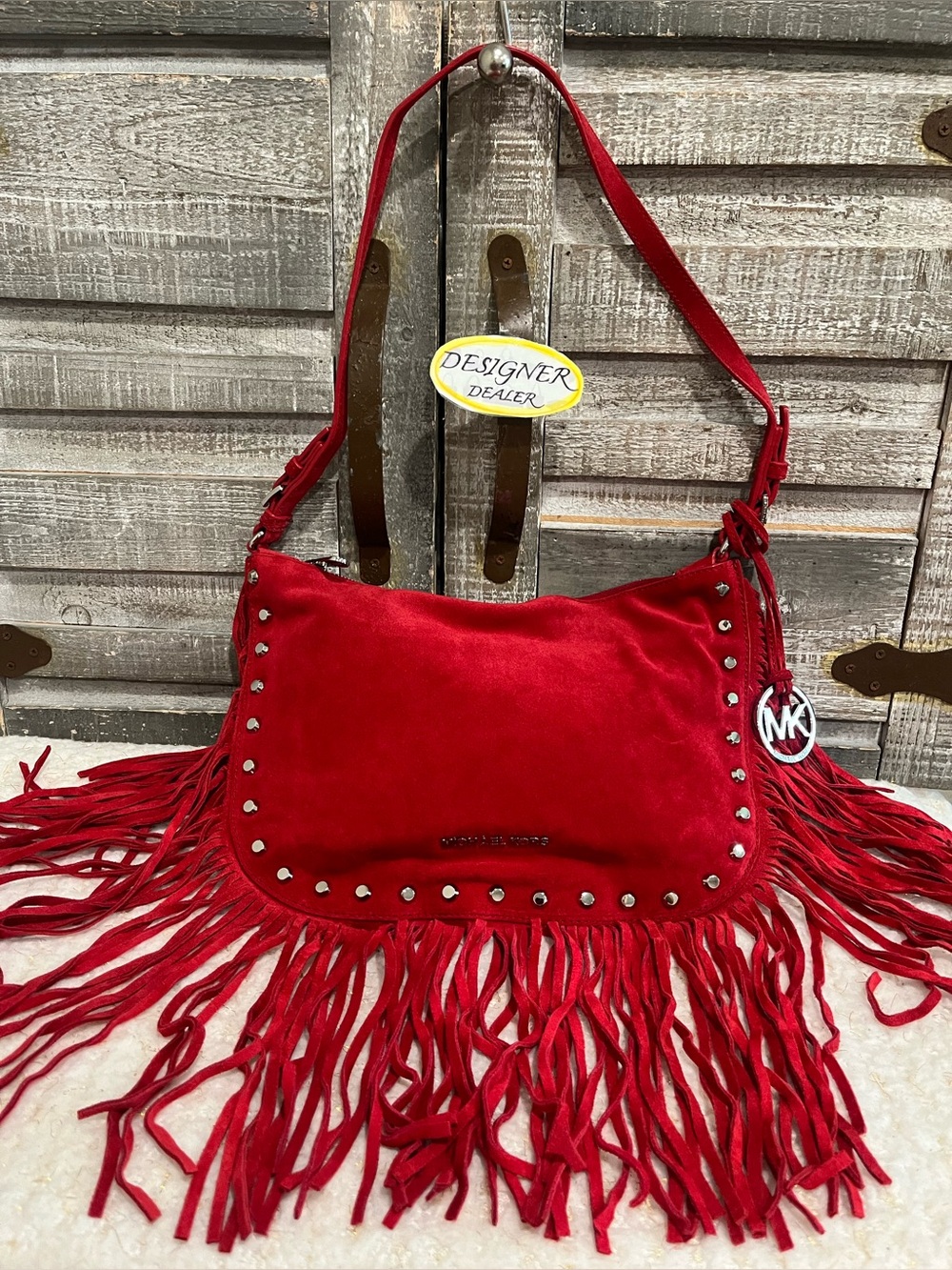 Michael Kors Billy Genuine Suede Red Leather Fringe Studded Hobo EUC!